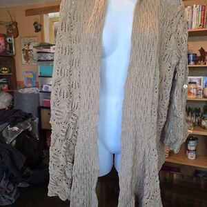 Woman Within Open-Front Lace Knit Cardigan - Taupe